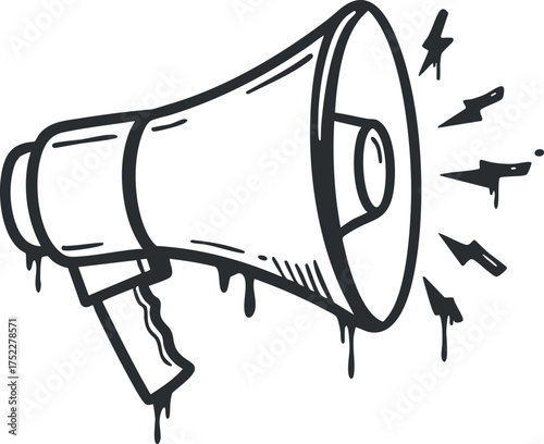 A black and white illustration of a megaphone with sound waves and lightning bolts.