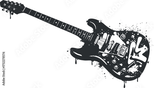 A creative black and white illustration of an electric guitar with paint drips and artistic flair.