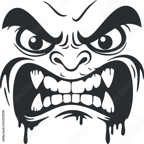 An expressive angry face illustration featuring intense eyes and a fierce scowl in black and white.