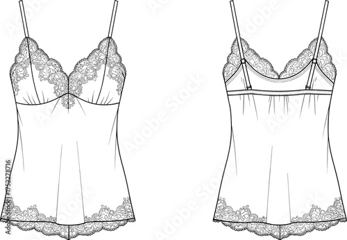 camisole top women lace trim spaghetti strap gathered bust flared hem neckline apparel garment clothing fashion textile template vector sketch illustration design pattern feminine stylish wardrobe pro