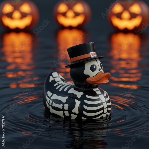 Skeleton Rubber Duck in Top Hat Floating Amid Halloween Pumpkins  
