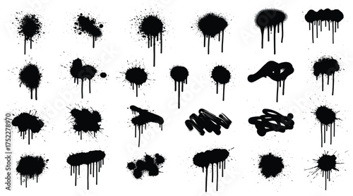 Vector art of collection of black ink splatter variety of grunge spray paint drip, spot, and stain for artistic design, texture overlay, and abstract background
