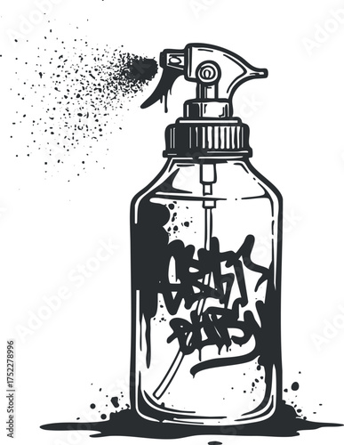 A stylized illustration of a spray paint bottle with graffiti style text and splatter effects.