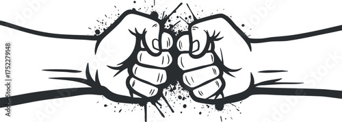 Illustration of two fists clashing symbolizing strength, unity, and determination in competition.