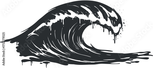 A stylized black wave illustration depicting motion and energy in ocean water.