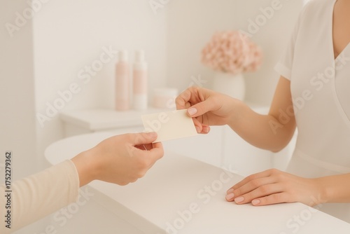 A professional beautician gives a blank business card to a client at a beauty salon reception desk. Close-up of a customer interaction in a modern spa. Mockup with copy space