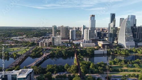 Wallpaper Mural Aerial drone 4k Austin downtown skyline an hour before sunset overlooking the Colorado river or Lady Bird Lake Torontodigital.ca