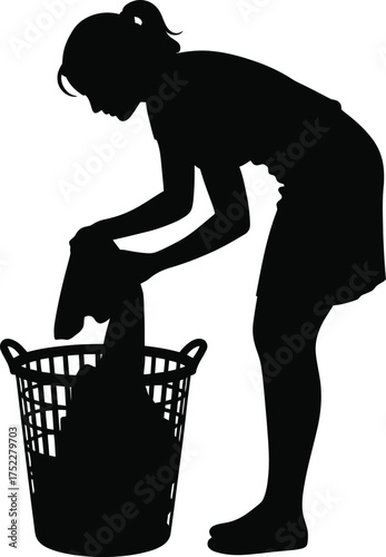Woman Doing Laundry Silhouette with Basket Illustration