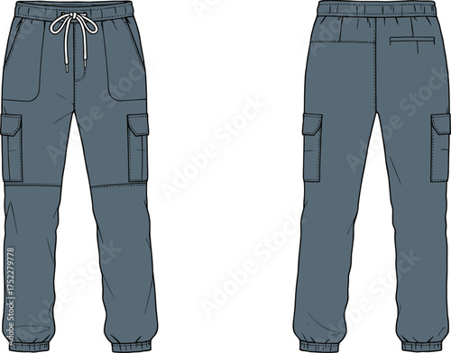 cargo jogger pants sketch fashion apparel garment trousers illustration technical waistband drawstring pockets cuffs seams flap elastic vector template clothing design construction