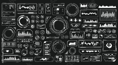 Vector art of extensive collection of futuristic hud interface elements featuring circular displays, graphs, and data readouts on a dark backdrop, perfect for scifi interfaces