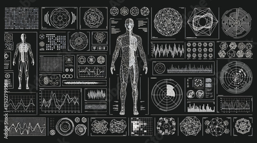 Vector art of futuristic hud interface elements with human body scan, graphs, charts, and data streams, offering a glimpse into advanced technology and medical diagnostics