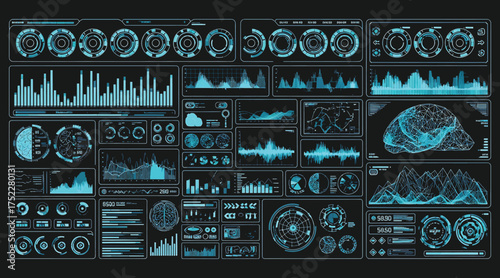 Vector art of advanced hud interface elements featuring graphs, charts, and data streams, representing cuttingedge technology and complex information processing systems