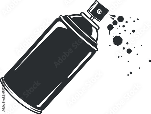 A black spray paint can with a nozzle releasing paint splatters, symbolizing urban art.