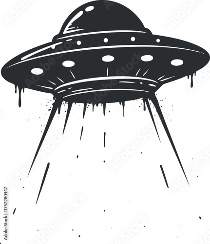 A vintage style illustration of a UFO hovering with beams of light emanating from it.