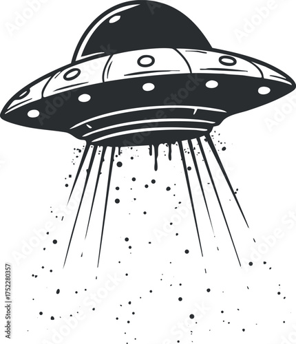 A stylized illustration of a UFO emitting beams of light in a cosmic setting.