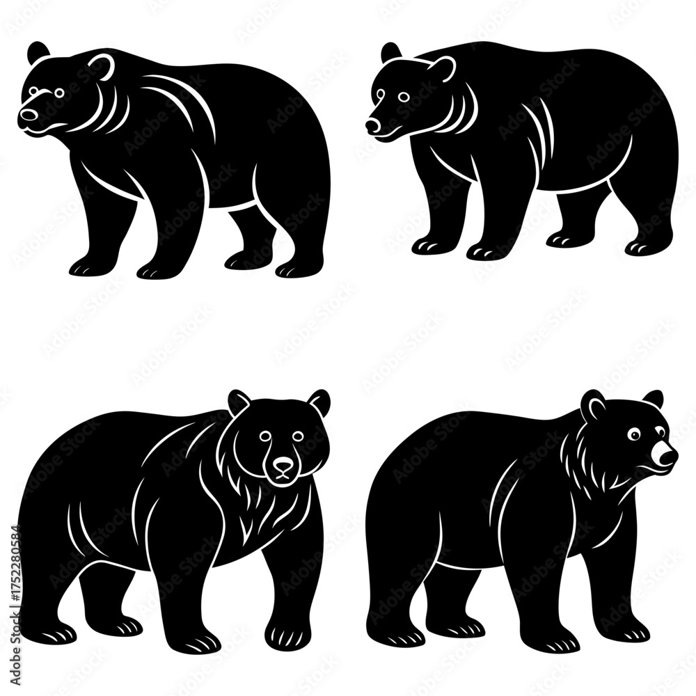 Fototapeta premium Illustration showing four black bears in different poses with white accents on a white background art design