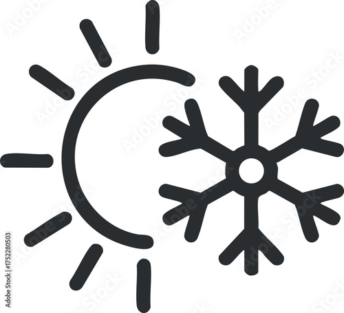 A simple graphic representation of sun and snowflake symbolizing weather changes.