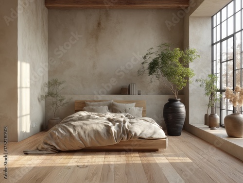 A bedroom with a bed, a vase, and a potted plant