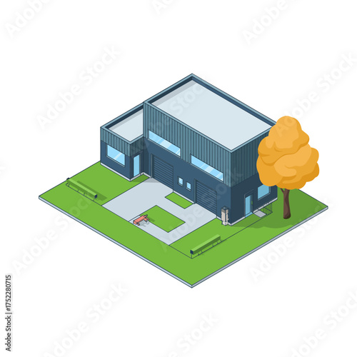 Isometric modern office, glass cube architecture, minimalist landscaping, autumn tree, technology hub, design rendering, real estate asset, vector