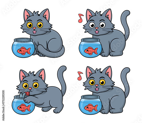 Set of four cartoon illustrations showing a cute gray cat's playful and mischievous interactions with a goldfish in a fishbowl.