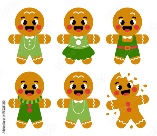 Six cute gingerbread cookies with different outfits and one broken gingerbread cookie.