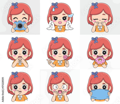 A collection of nine cartoon illustrations depicting a cute red-haired girl expressing various emotions and engaging in different activities like photography and eating donuts.