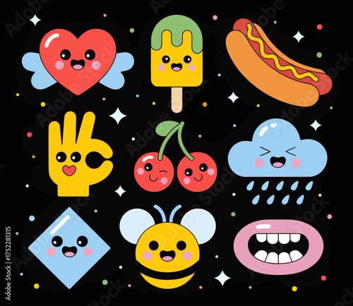 Cartoon illustration featuring a collection of cute, stylized icons on a black background, including a heart, popsicle, hotdog, hand, cherries, cloud, diamond, bee, and mouth.