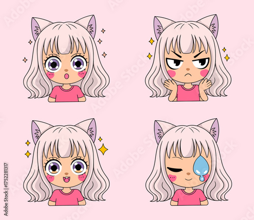 Four cute anime-style girls with cat ears, each expressing different emotions on a pink background.
