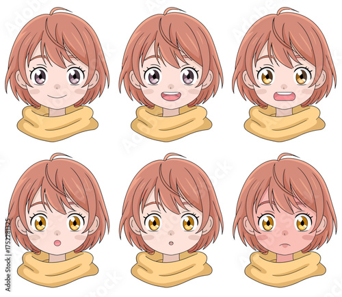 A set of six different facial expressions for a cute anime girl with short brown hair and a yellow scarf.