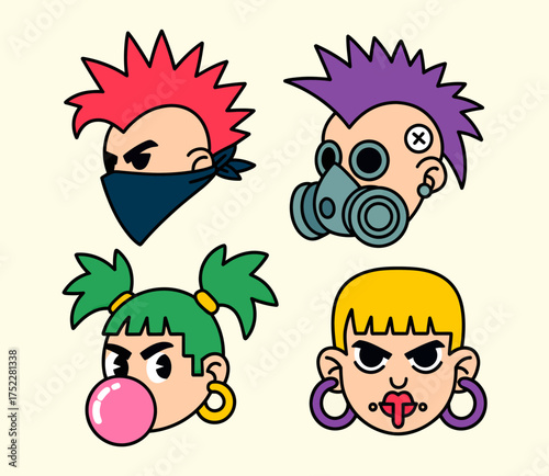 Four cartoon punk characters with mohawks, gas masks, and bubblegum, representing a rebellious and edgy aesthetic.