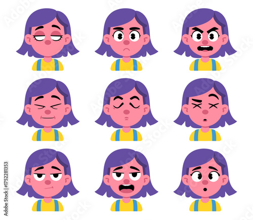 Collection of cartoon girl's facial expressions showing different emotions.