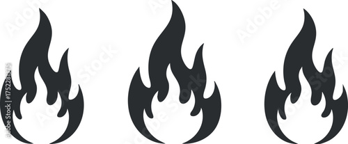 Three stylized flames in black representing fire and heat for various design purposes.
