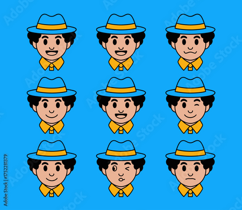 A grid of nine cartoon faces, each wearing a blue hat and yellow shirt, displaying various emotions.