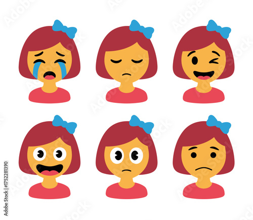 Collection of six cartoon girl faces showing different emotions and expressions.
