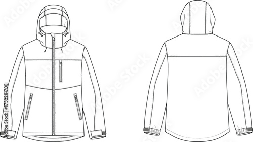 jacket hooded zipper closure collar high pocket chest zip side seam yoke cuff adjustable strap sleeve hem curved apparel garment clothing fashion textile template vector sketch prototypejacket hooded 