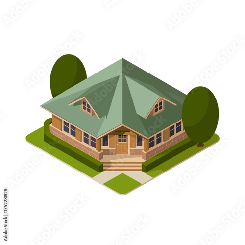 Charming craftsman bungalow, green hip roof, detailed porch, shrubs and hedges, isometric residential architecture, property vector