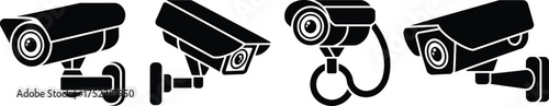 Black CCTV security camera icons set, surveillance camera silhouettes, video monitoring system symbols, safety and protection technology illustrations