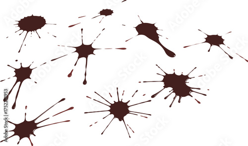 Realistic red blood splatter collection isolated on white background, dripping paint stains and horror texture design for halloween art projects