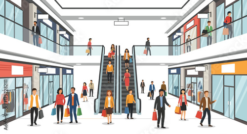 Shopping mall interior with people, shops, escalators and various retail stores
