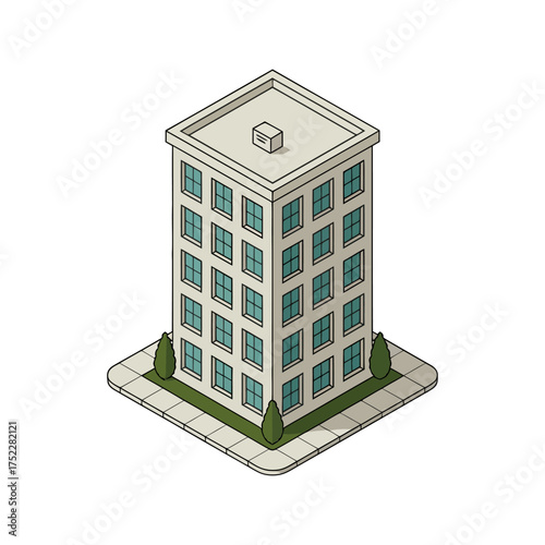 Isometric office tower, rectangular footprint, rooftop equipment, corner planters, modern commercial architecture, corporate building vector illustration