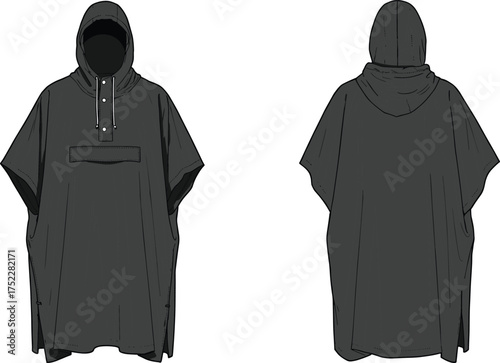 poncho hooded drawstring neckline eyelet pocket chest flap sleeve short loose drape hem seam collar apparel garment clothing fashion textile template vector sketch illustration prototype outerwearponc