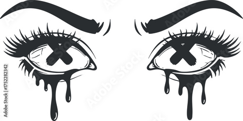 Stylized illustration of eyes with dramatic tears and crossed out pupils symbolizing deep emotion.