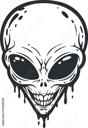 A spooky alien illustration featuring a grinning creature with dripping features in black and white.
