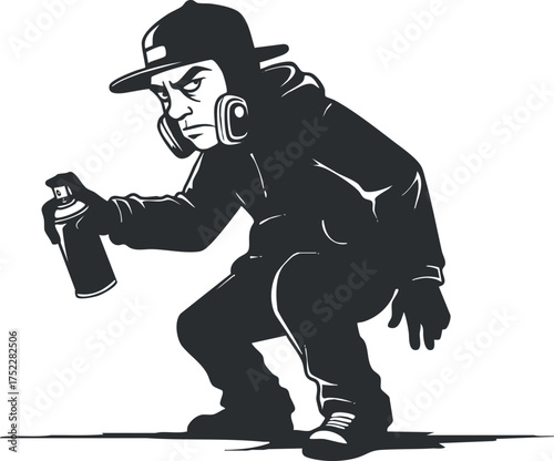 A stylized illustration of a graffiti artist preparing to spray paint in an urban setting.
