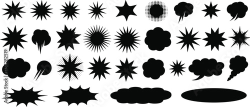 Black explosion and burst shapes, starburst icons, comic style burst effects, speech cloud bursts, dynamic action bursts, vector design elements