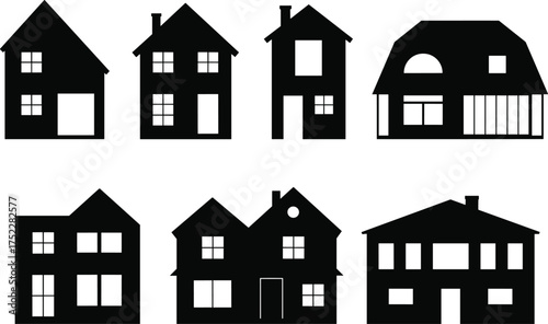 Black house silhouettes, various home shapes, residential buildings vector, architecture icons, real estate symbols, property outlines, urban housing designs