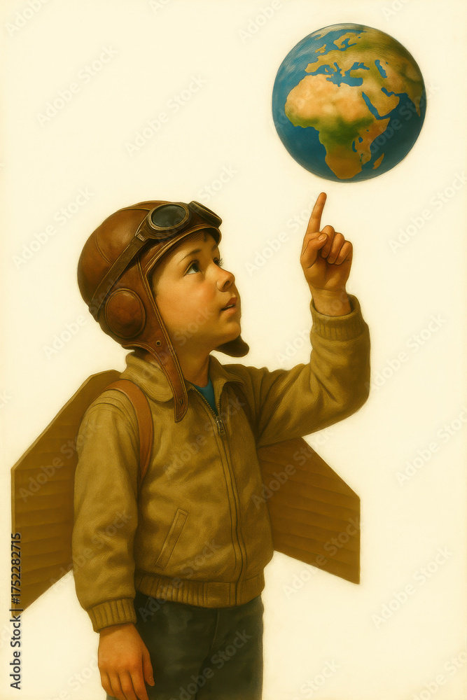 Fototapeta premium Young child dressed as a vintage aviator points toward a floating globe while wearing handmade cardboard wings in a nostalgic scene symbolizing a world of possibilities dreams travel and discovery