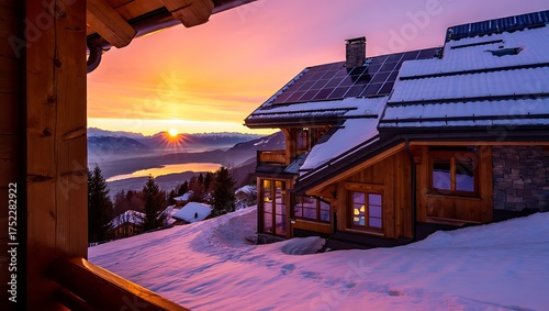 Idyllic Alpine Chalet at Sunrise Offering Stunning Mountain Views Landscape