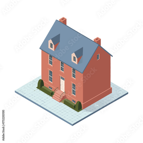 Narrow townhome residence, blue roof, red brick walls, stoop entry, compact urban housing, isometric architecture vector