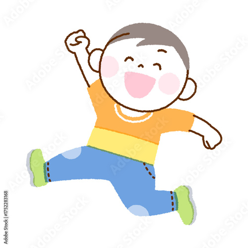 笑顔で手を上げて走る元気な男の子のイラスト